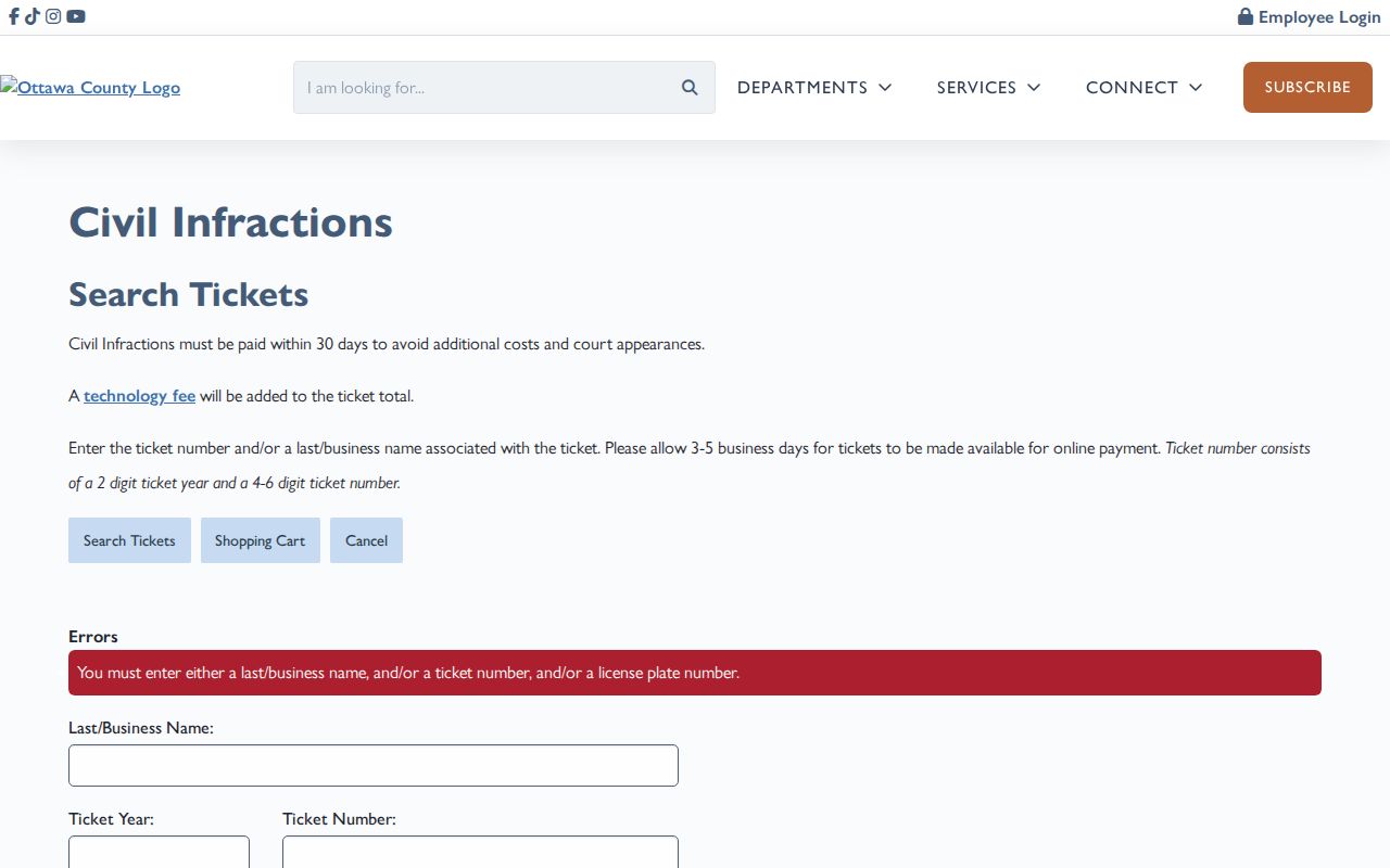 Ottawa County case search civil-infraction ticket lookup fields
