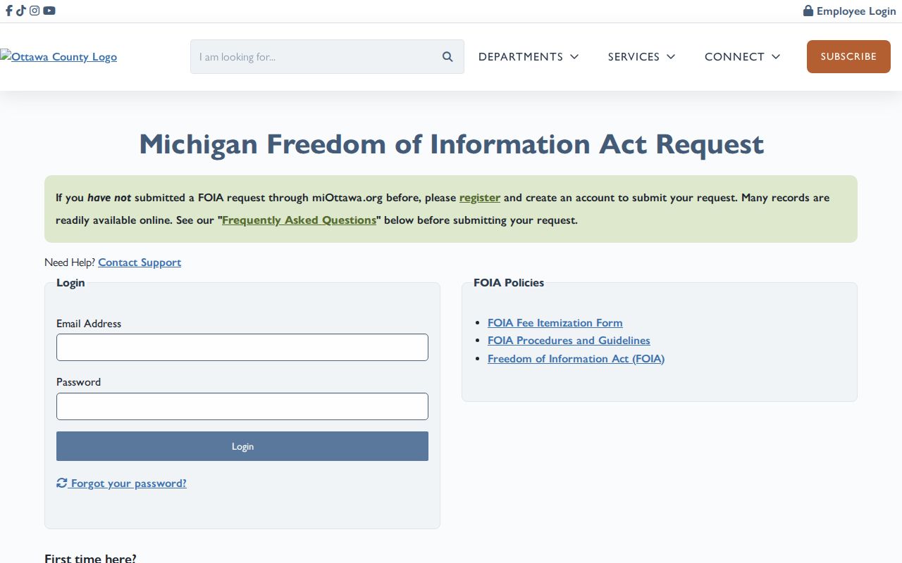 Ottawa County court records FOIA Tracker sign-in page