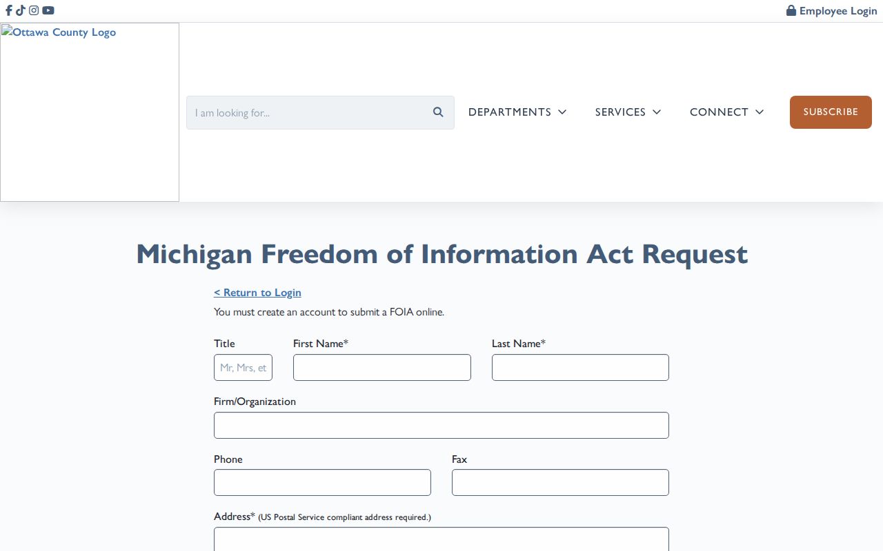 Ottawa County court records FOIA Tracker registration page