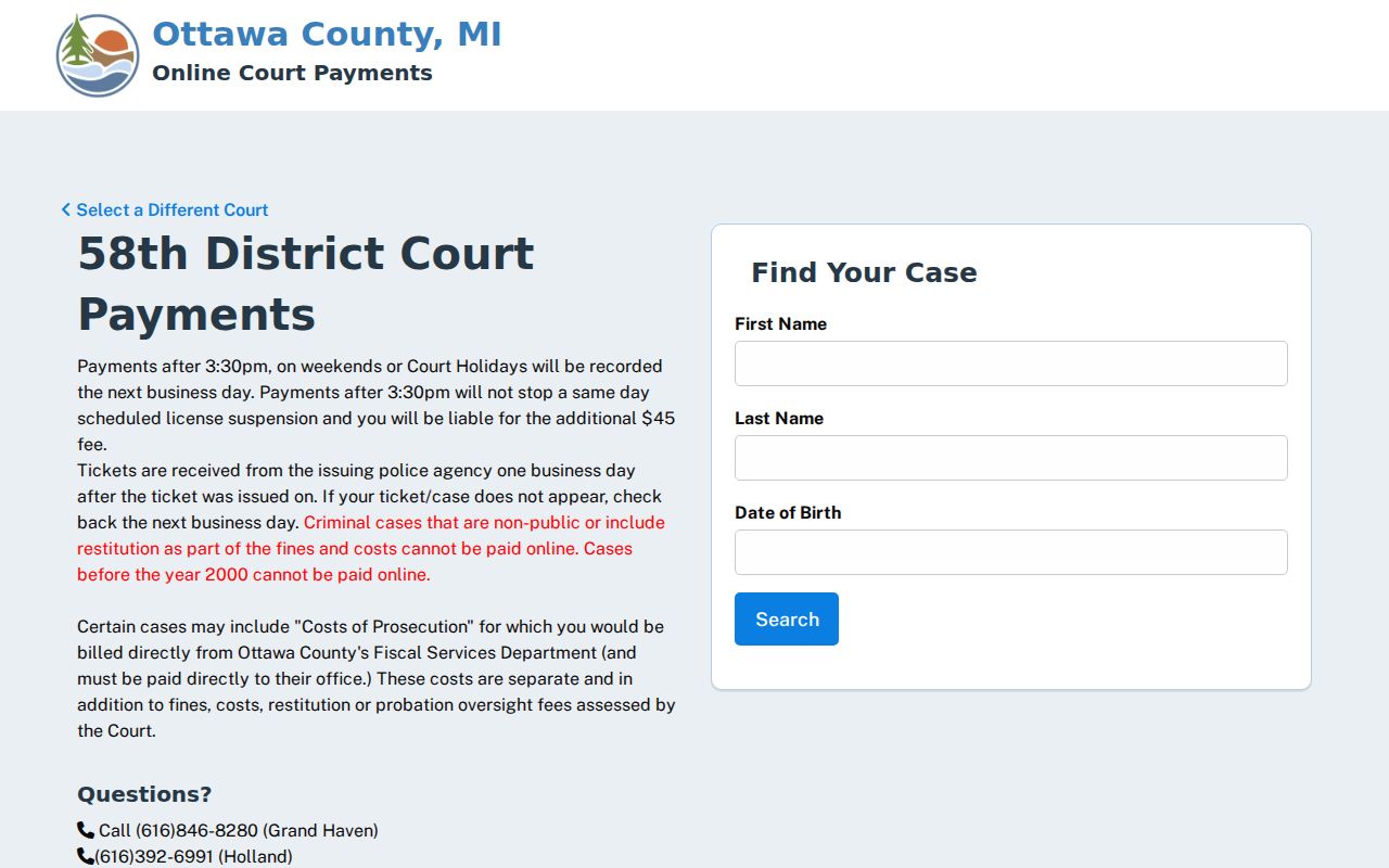 Ottawa County traffic court records 58th District payment and search interface